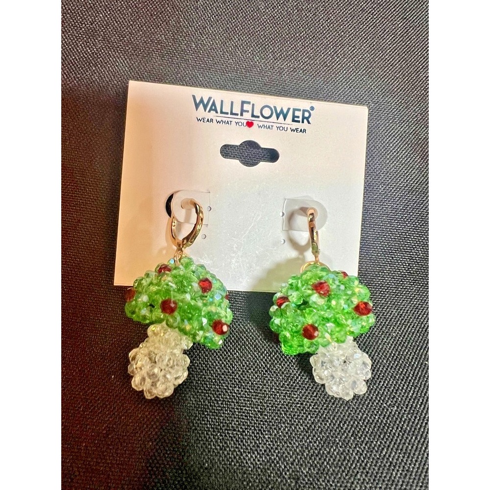 Wallflower Beaded Mushroom Earrings Green Crystal Dangle Fairycore Cottagecore